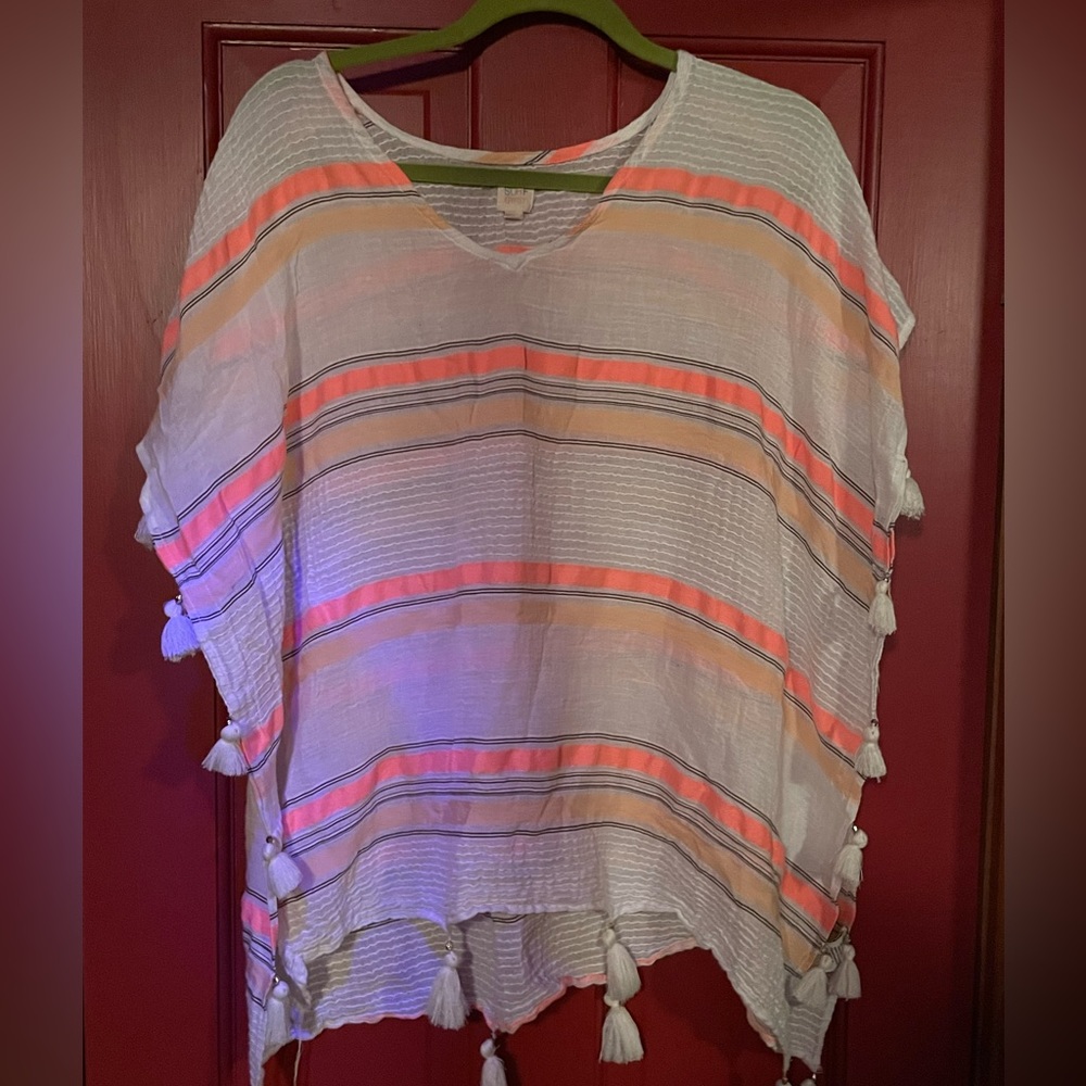 Tasseled striped Cover Up poncho
